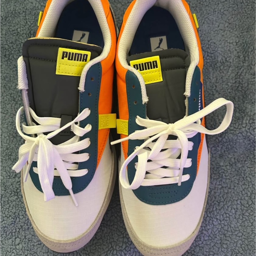 Puma Orange and Blue Retro Sneakers with Suede Accents